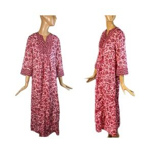 Danville cotton floral block‎ print pink red vintage 1970s maxi dress kaftan